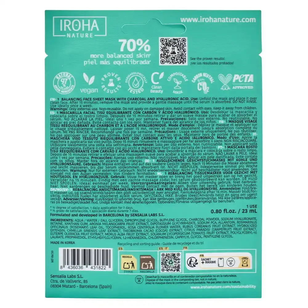 Iroha Nature Mascarilla Tisú Facial Equilibrante - Carbón , 23 ml