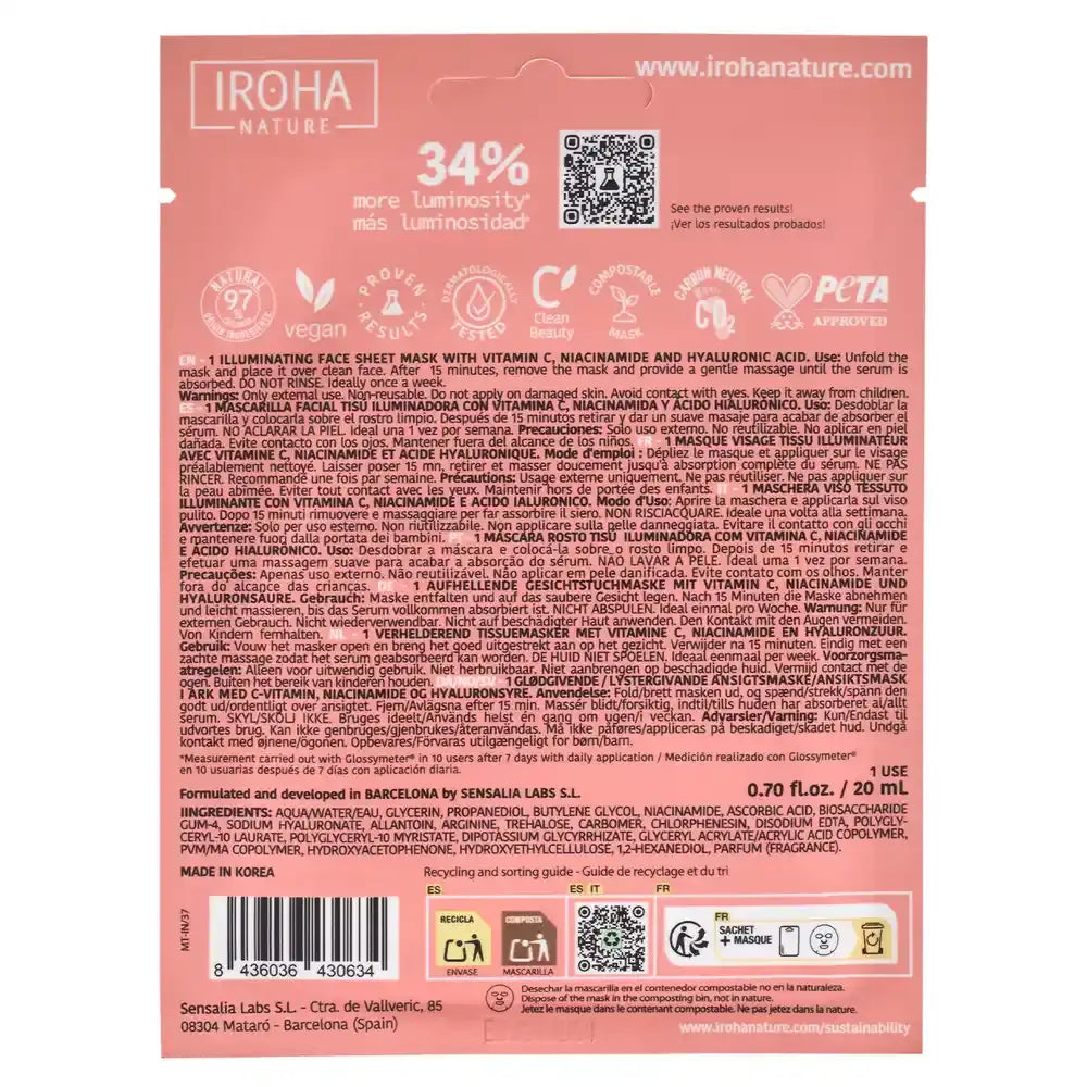 Iroha Nature Mascarilla Tisú Facial Iluminadora - Vitamina C , 20 ml