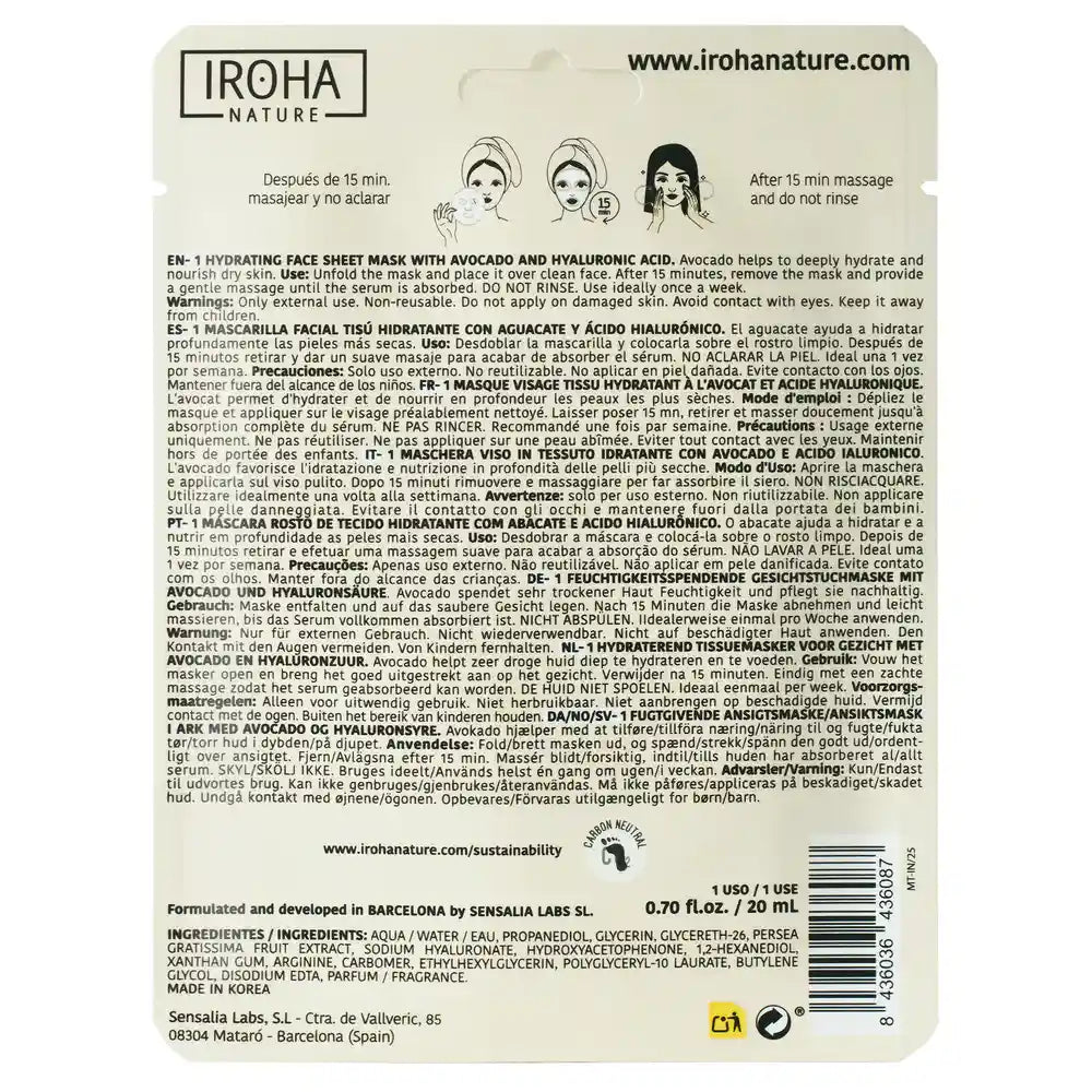 Iroha Nature Natural Extracts Mascarilla Facial Aguacate Hidratante, 20 Ml