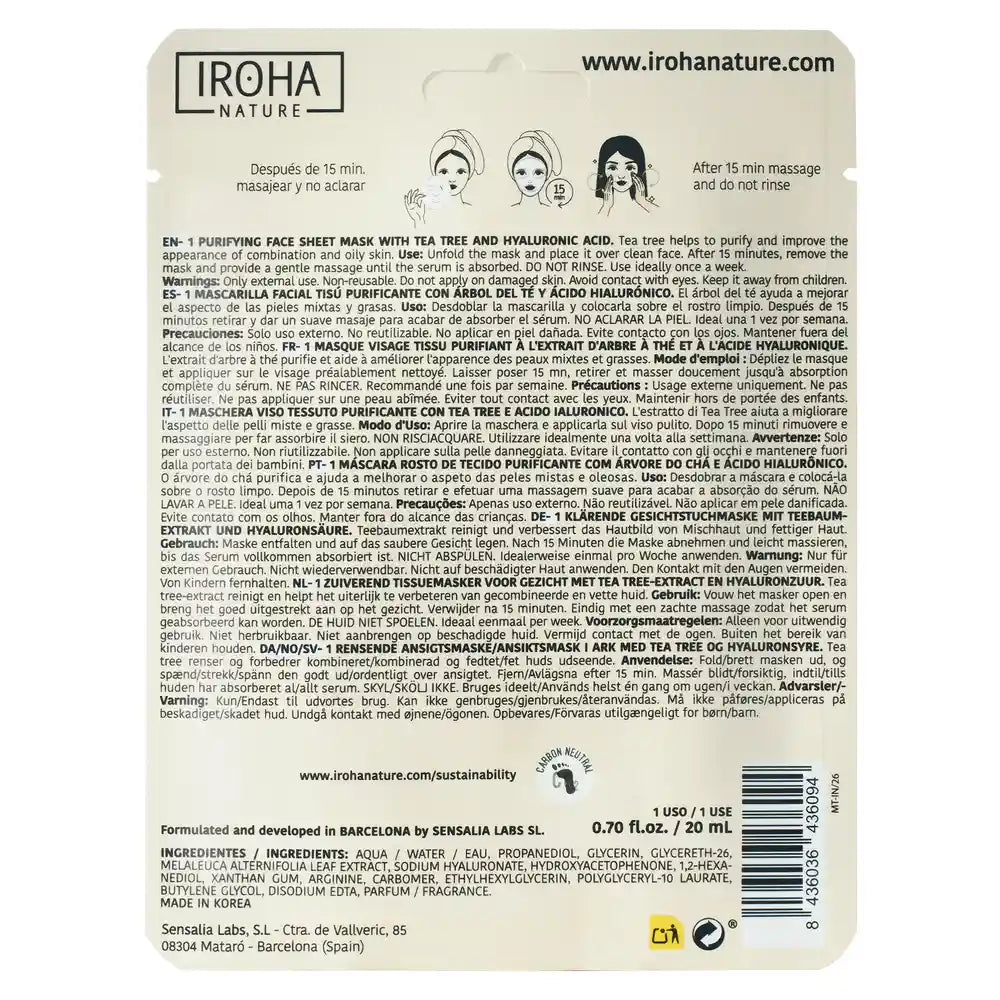 Iroha Nature Natural Extracts Mascarilla Facial Árbol De Té Purificante, 20 Ml