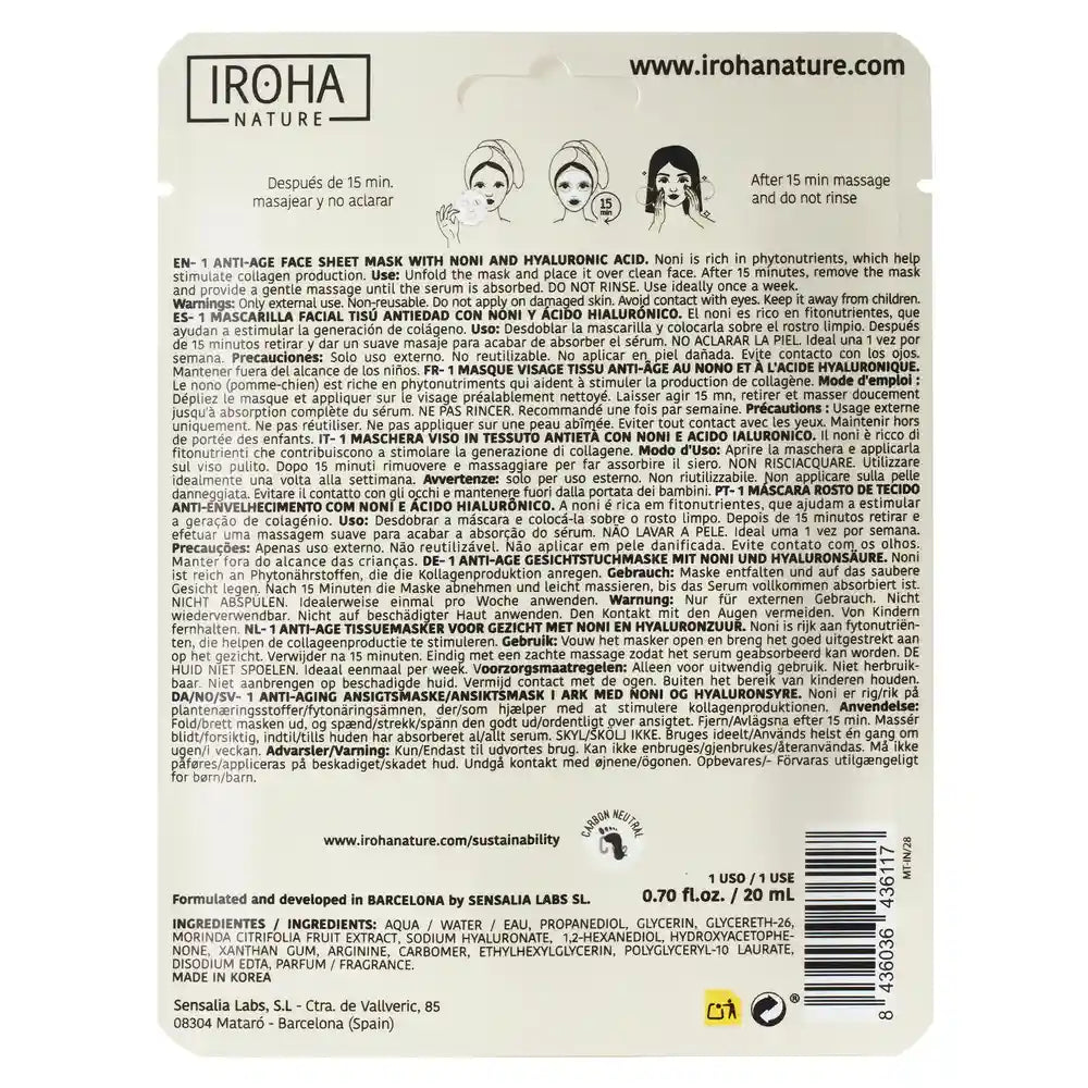 Iroha Nature Natural Extracts Mascarilla Facial Noni Antiedad, 20 Ml