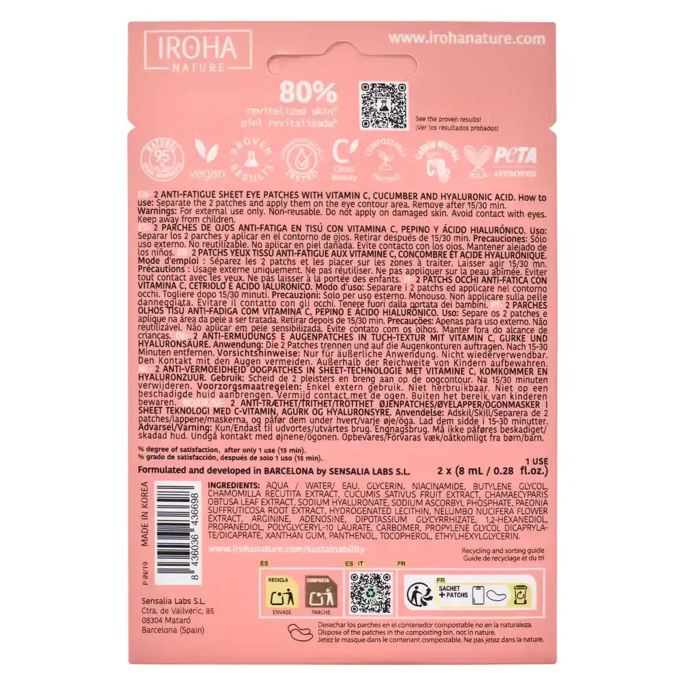 Iroha Nature Parches Contorno Ojos Antifatiga – Vitamina C , 16 (2x8) ml