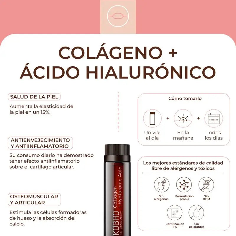 Kobho Labs Suplemento Colágeno + Ácido Hialurónico, 20 viales