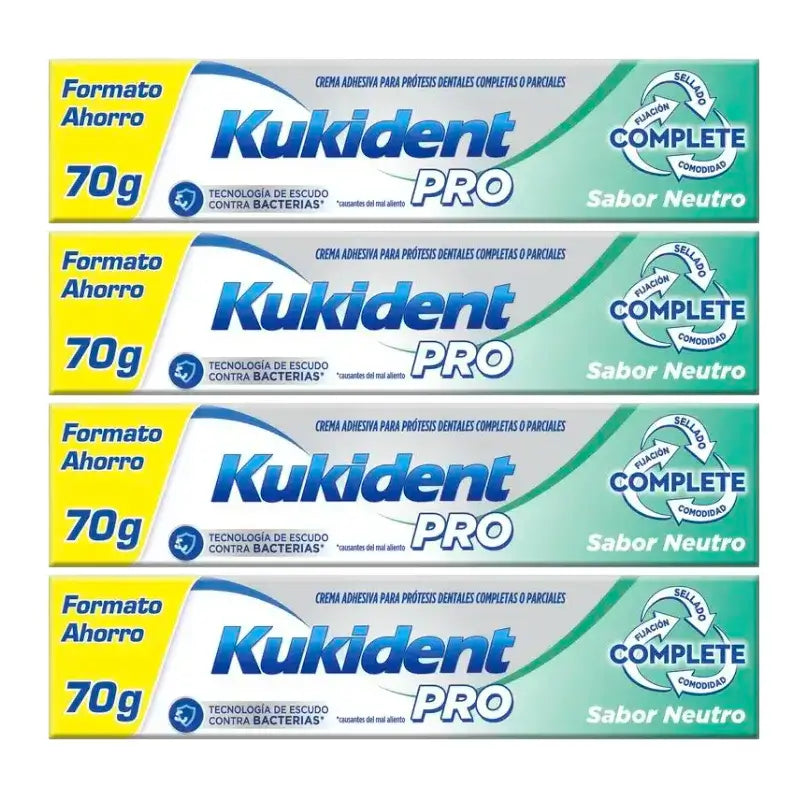 Kukident Cuadruplo Pro Complete Crema Adhesiva Para Prótesis Dentales, Neutro 4 x 70 Gr