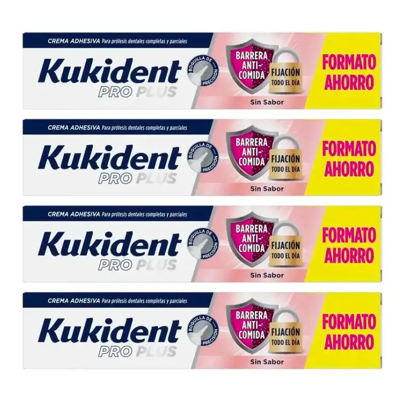 Kukident Cuadruplo Pro Plus Barrera Anticomida Sin Sabor, 4 x 57 Gr