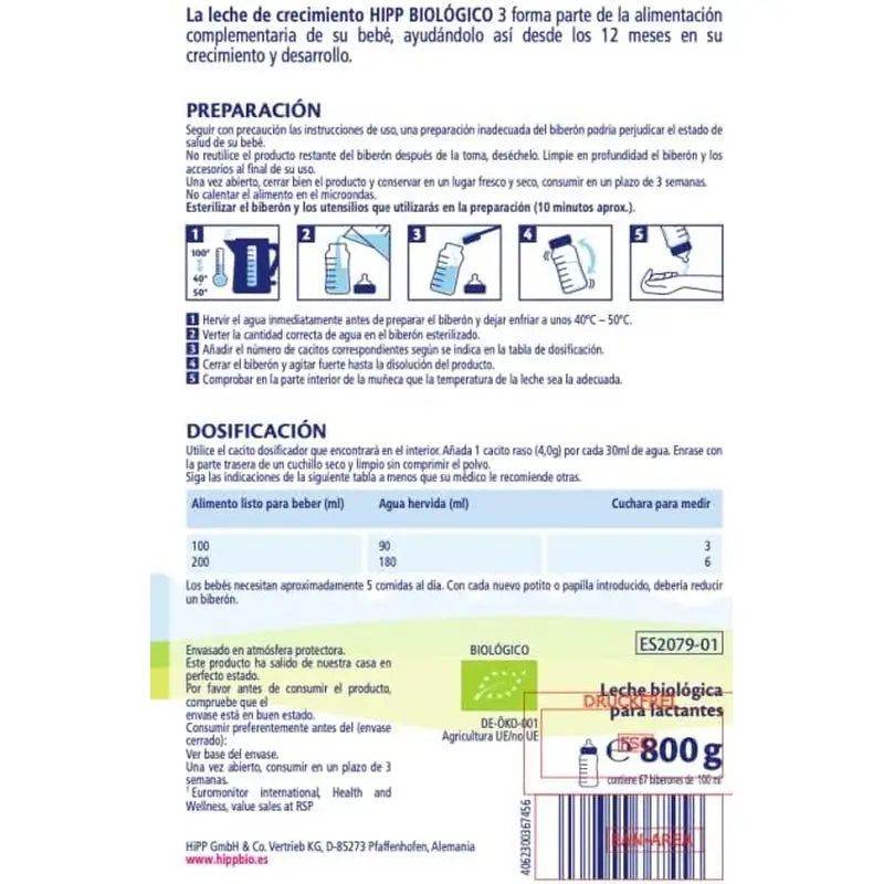 Hipp Combiotik 3, Leche de Crecimiento 800 gr