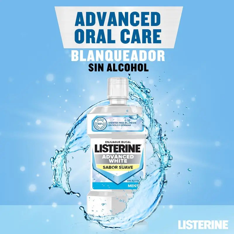 Listerine Enjuague Bucal, Advanced White Con Blanqueador, Sabor Suave Menta, Sin Alcohol Pack De 2 X 1000Ml