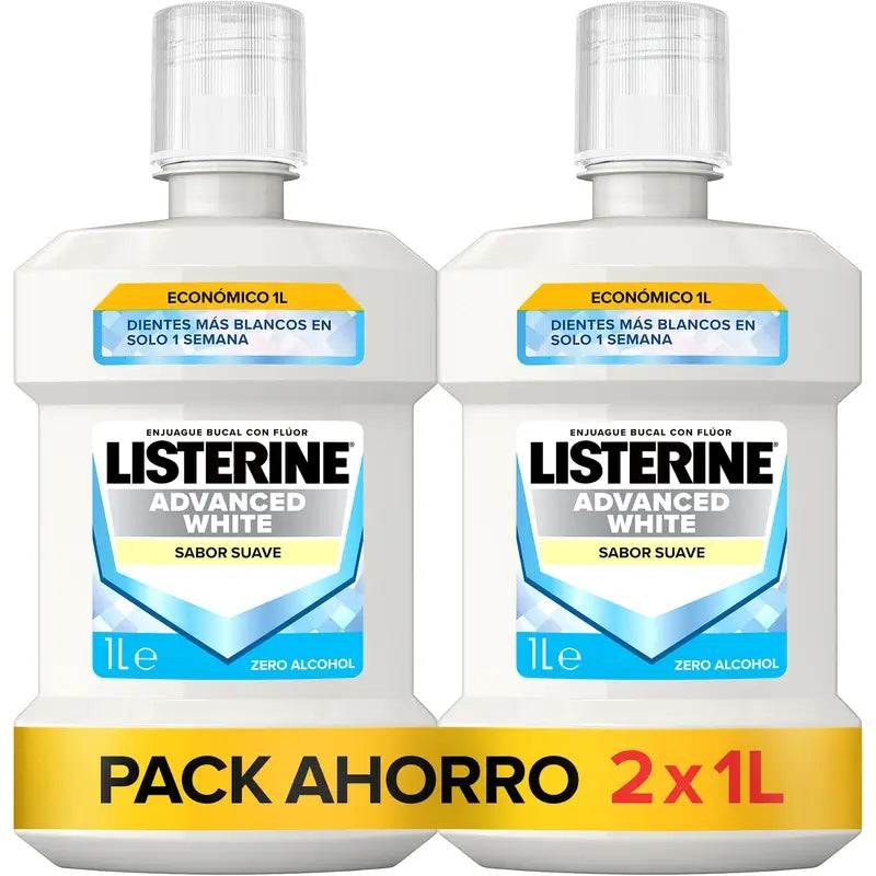 Listerine Enjuague Bucal, Advanced White Con Blanqueador, Sabor Suave Menta, Sin Alcohol Pack De 2 X 1000Ml