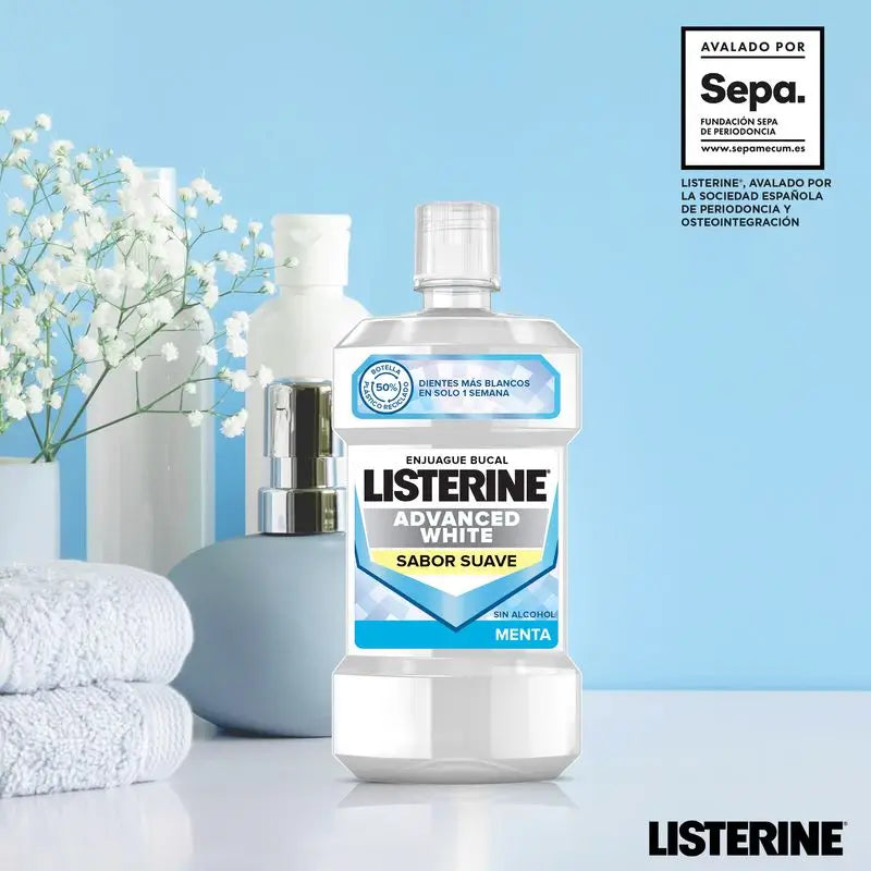 Listerine Enjuague Bucal, Advanced White Con Blanqueador, Sabor Suave Menta, Sin Alcohol Pack De 2 X 1000Ml