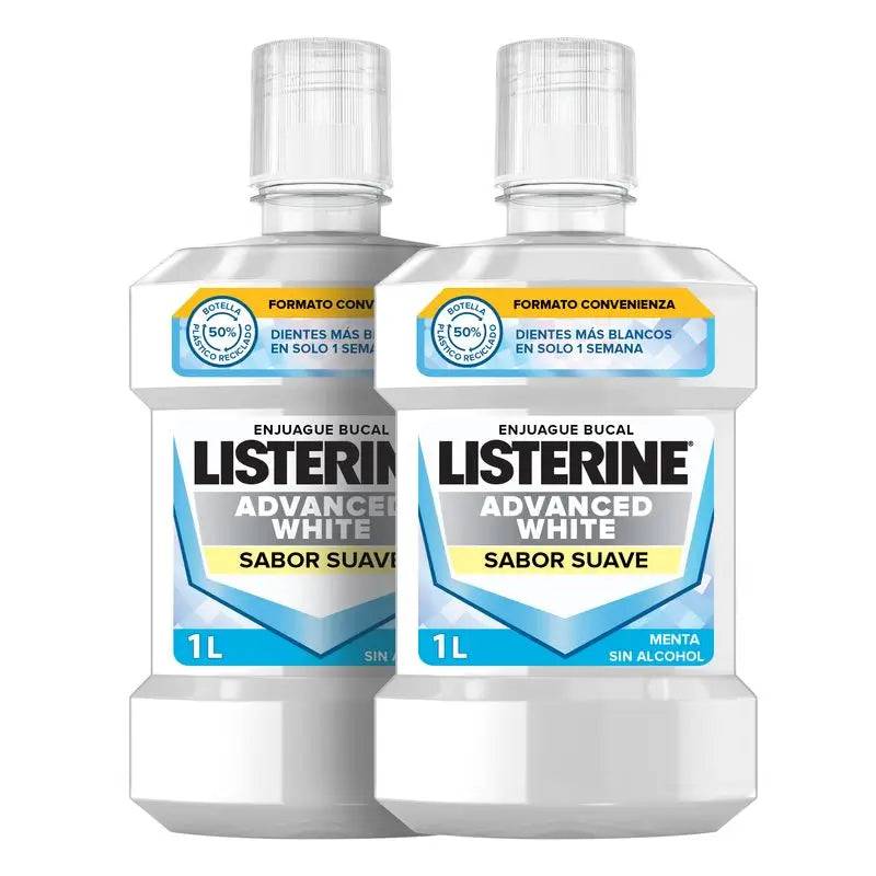 Listerine Enjuague Bucal, Advanced White Con Blanqueador, Sabor Suave Menta, Sin Alcohol Pack De 2 X 1000Ml