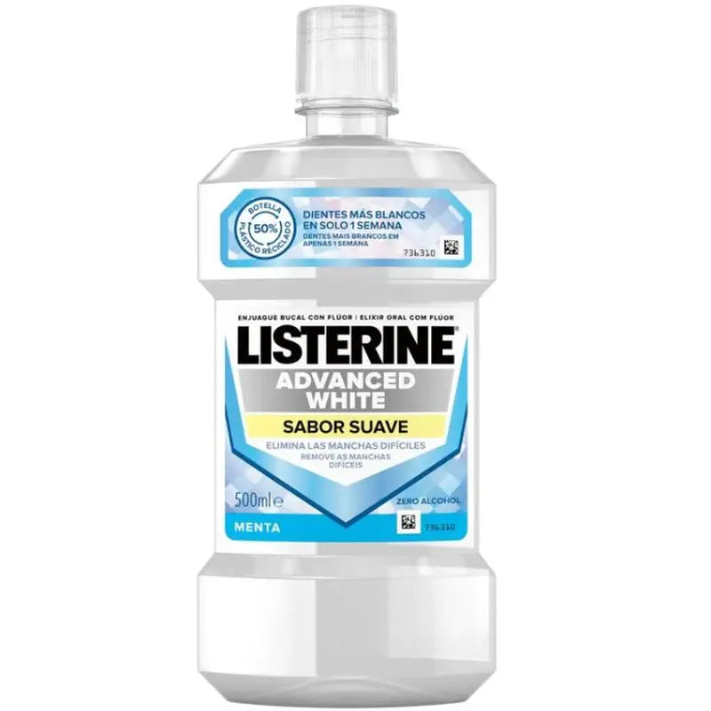 Listerine Enjuague Bucal, Blanqueador Avanzado, sin alcohol, Menta Suave, 500 ml