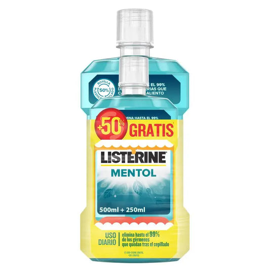 Listerine, Enjuague Bucal Mentol, 500 ml + 250 ml