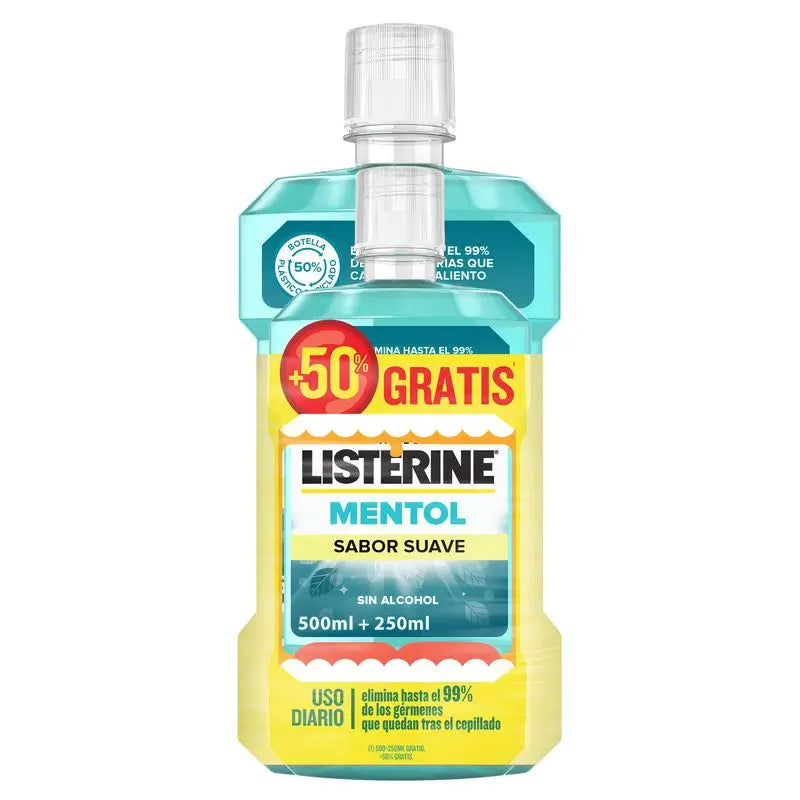 Listerine, Enjuague Bucal Mentol Sabor Suave, 500 ml +250 ml