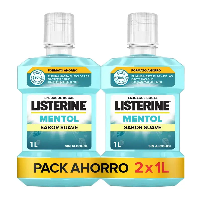 Listerine Enjuague Bucal, Mentol Sabor Suave, Sin Alcohol Uso Diario, Aliento Fresco Duradero Pack De 2 X 1000Ml.