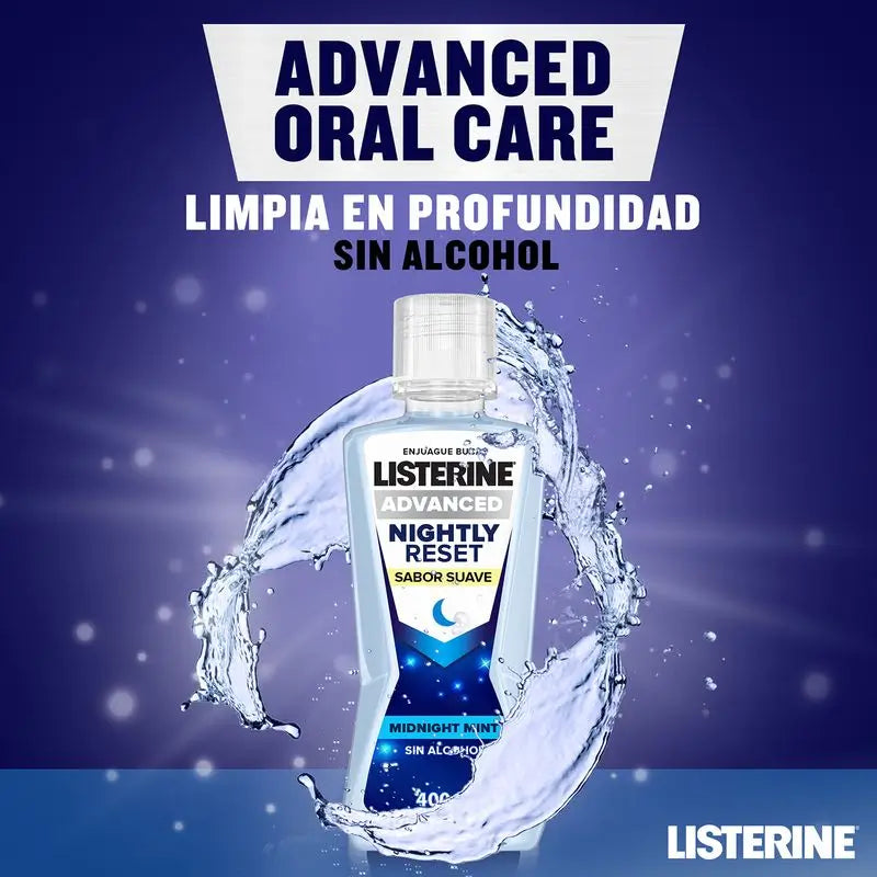 Listerine, Enjuague Bucal Nightly Reset con Suave Sabor a Menta, Fórmula sin Alcohol, 400 ml