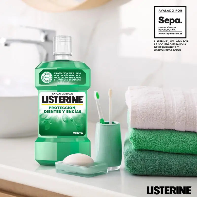 LISTERINE Enjuague Bucal Protección Dientes y Encías, Sabor Menta Fresca, 500 ml + 250 ml