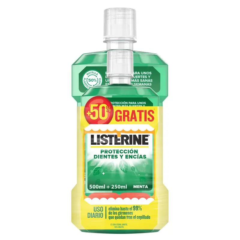 LISTERINE Enjuague Bucal Protección Dientes y Encías, Sabor Menta Fresca, 500 ml + 250 ml