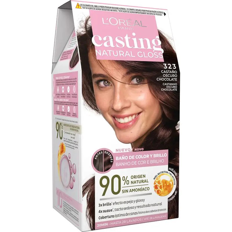 L'Oréal Paris Casting Natural Gloss Baño De Color Y Brillo Tono 323 Castaño Oscuro Chocolate 90% Origen Natural.