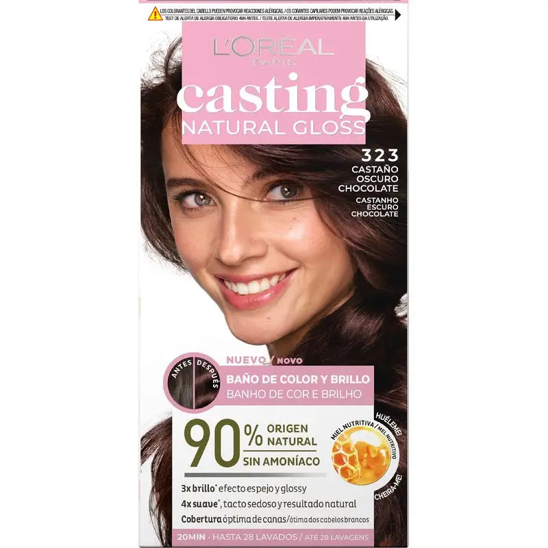 L'Oréal Paris Casting Natural Gloss Baño De Color Y Brillo Tono 323 Castaño Oscuro Chocolate 90% Origen Natural.