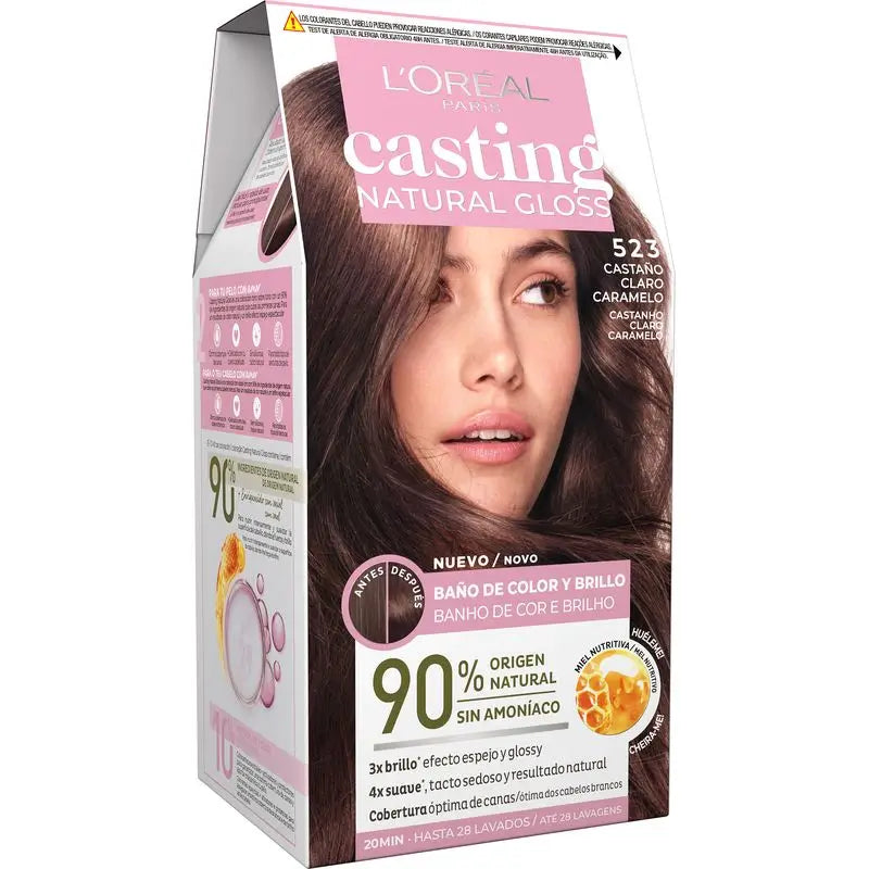 L'Oréal Paris Casting Natural Gloss Baño De Color Y Brillo Tono 523 Castaño Claro Caramelo 90% Origen Natural.