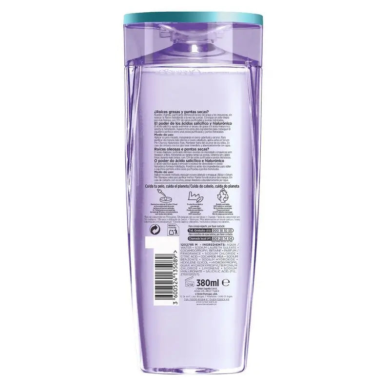 L'Oréal Paris Elvive Champú Hialuronico Pure: Limpia, Hidrata, Cabello Con Cuerpo Y Brillo, Sin Siliconas, 400Ml