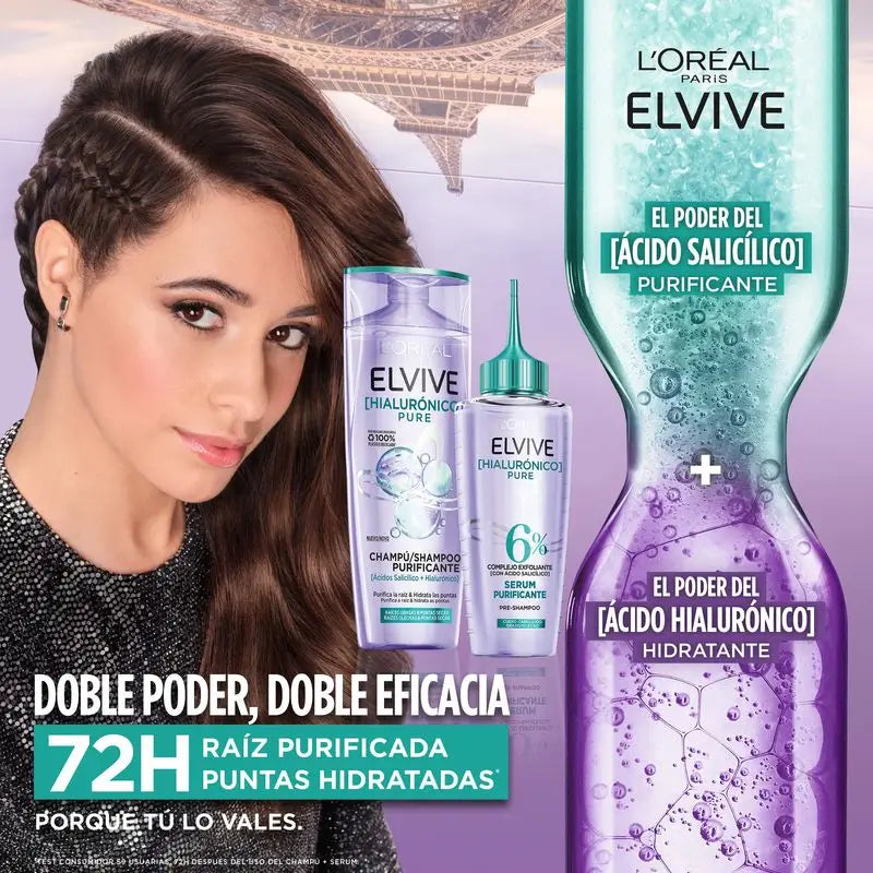 L'Oréal Paris Elvive Champú Hialuronico Pure: Limpia, Hidrata, Cabello Con Cuerpo Y Brillo, Sin Siliconas, 400Ml