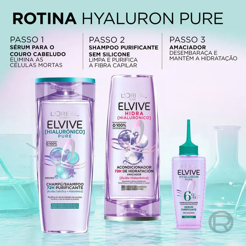 L'Oréal Paris Elvive Champú Hialuronico Pure: Limpia, Hidrata, Cabello Con Cuerpo Y Brillo, Sin Siliconas, 400Ml