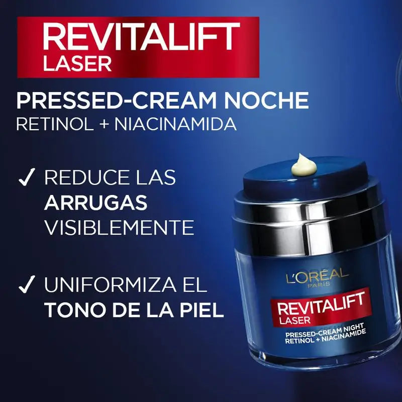 L'Oréal Paris Pressed Cream Noche De Revitalift Laser Con Retinol + Niacidamida Formato Monodosis, 50Ml