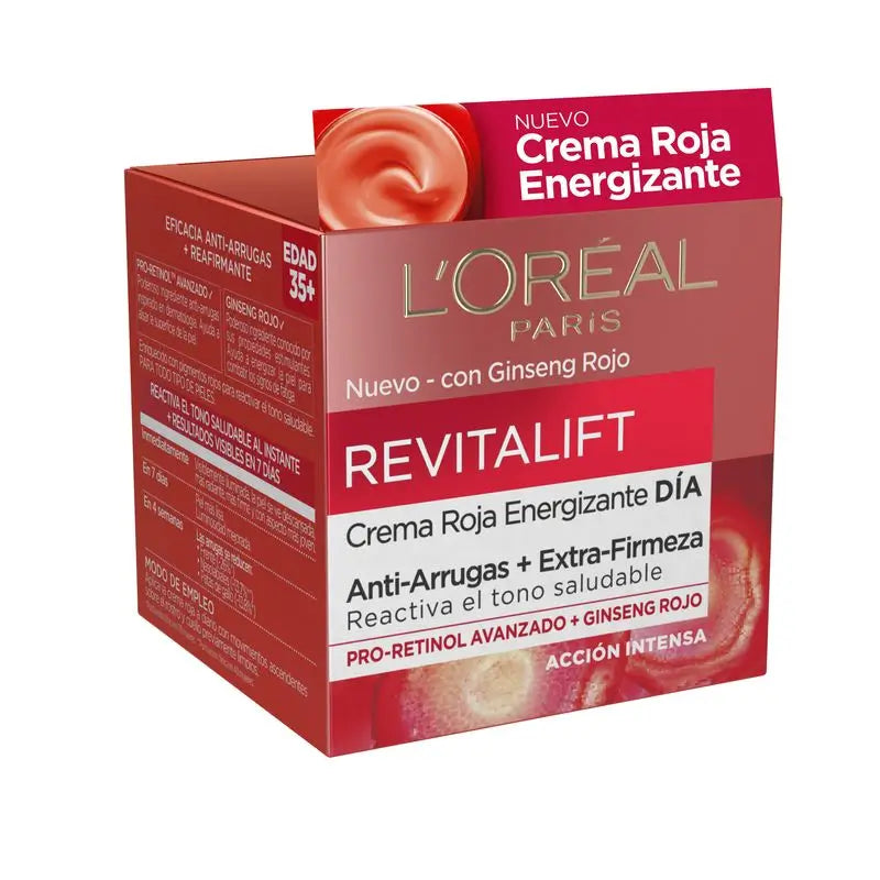 L'Oréal Paris Revitalift Crema Día Roja Energizante - Con Ginseng Rojo - 50 Ml