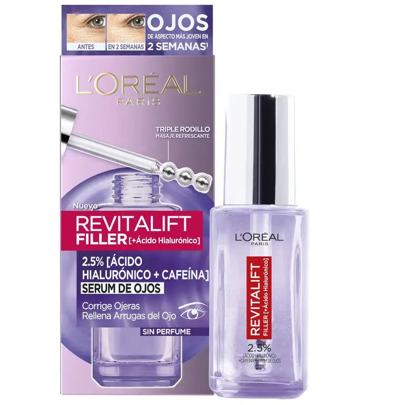 L'Oréal Paris Serum Ojos Revitalift Filler: 2.5% Ácido Hialurónico Y Cafeína, Triple Roll-On