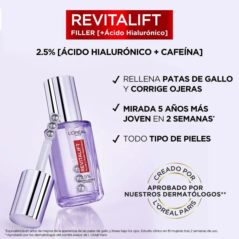 L'Oréal Paris Serum Ojos Revitalift Filler: 2.5% Ácido Hialurónico Y Cafeína, Triple Roll-On