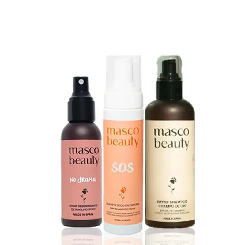 Masco Beauty Pack Cuidado Con Champú en Seco 200Ml, Spray Desenredante 100Ml y Champú Detox 250Ml para Perros