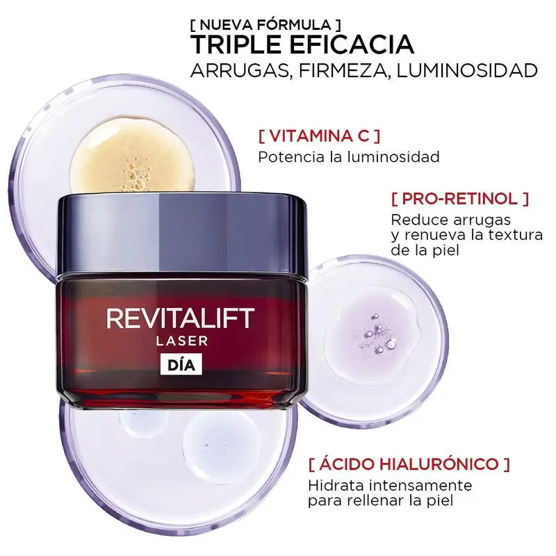 L'Oréal Paris Revitalift Láser, Crema Día Anti-Edad Intensiva con Vitamina C, Pro-Retinol y Ácido Hialurónico, 50ml