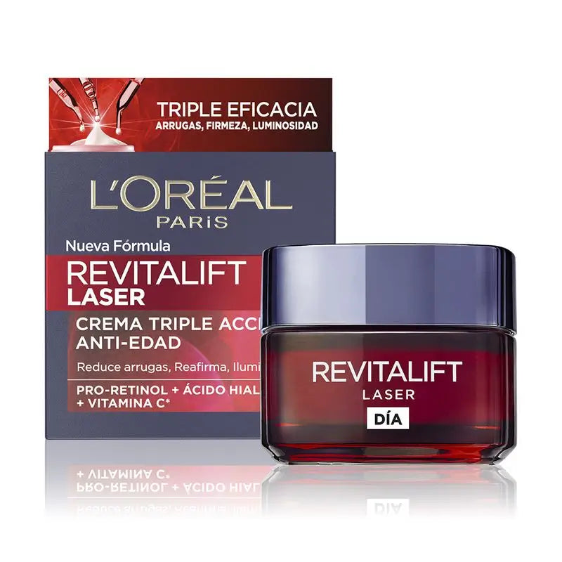 L'Oréal Paris Revitalift Láser, Crema Día Anti-Edad Intensiva con Vitamina C, Pro-Retinol y Ácido Hialurónico, 50ml