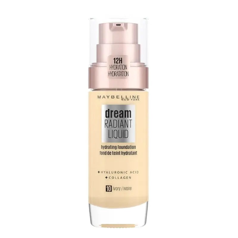 Maybelline New York Dream Radiant Liquid 10 Ivory: Base hidratante con ácido hialurónico y colágeno, piel clara, 30ML