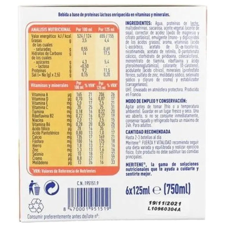 Meritene Fuerza Y Vitalidad Drink Sabor Vainilla 2X6, 125 Ml