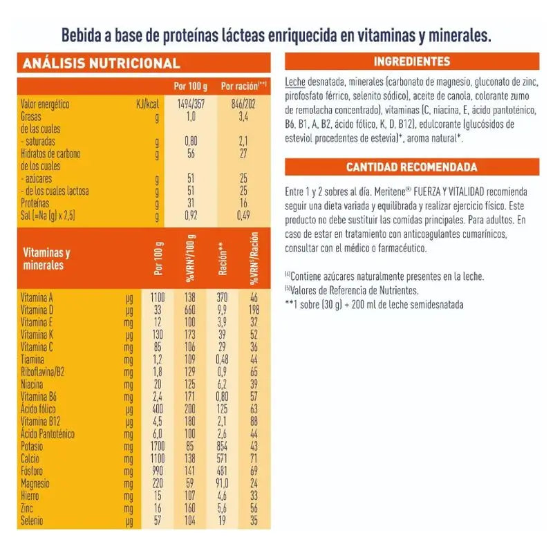 Meritene Fuerza Y Vitalidad Batido Sabor Fresa 2x15 Sobres, 30 Gr