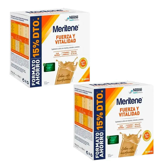 Meritene Fuerza y Vitalidad Café Descafeinado Formato Ahorro Pack 2 x 30 sobres