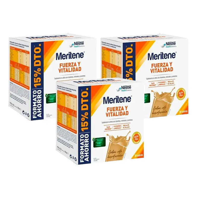 Meritene Fuerza y Vitalidad Café Descafeinado Formato Ahorro Pack 3 x 30 sobres