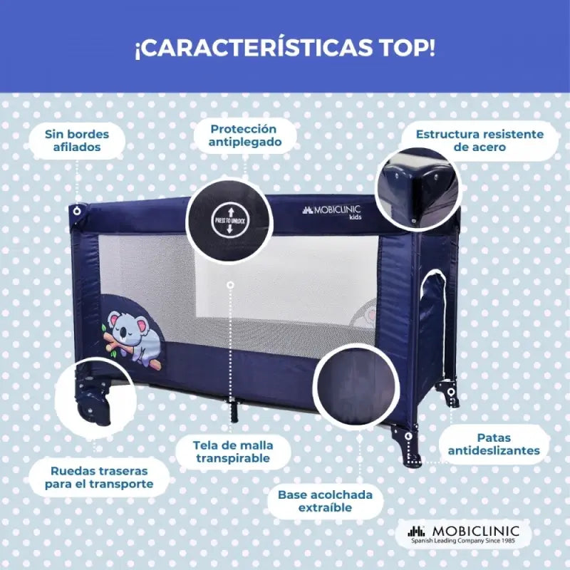 Mobiclinic Cuna De Viaje Con Ruedas - Portátil - Plegable - Resistente - Tela Transpirable - Bolsa De Transporte - Azul- Mofli