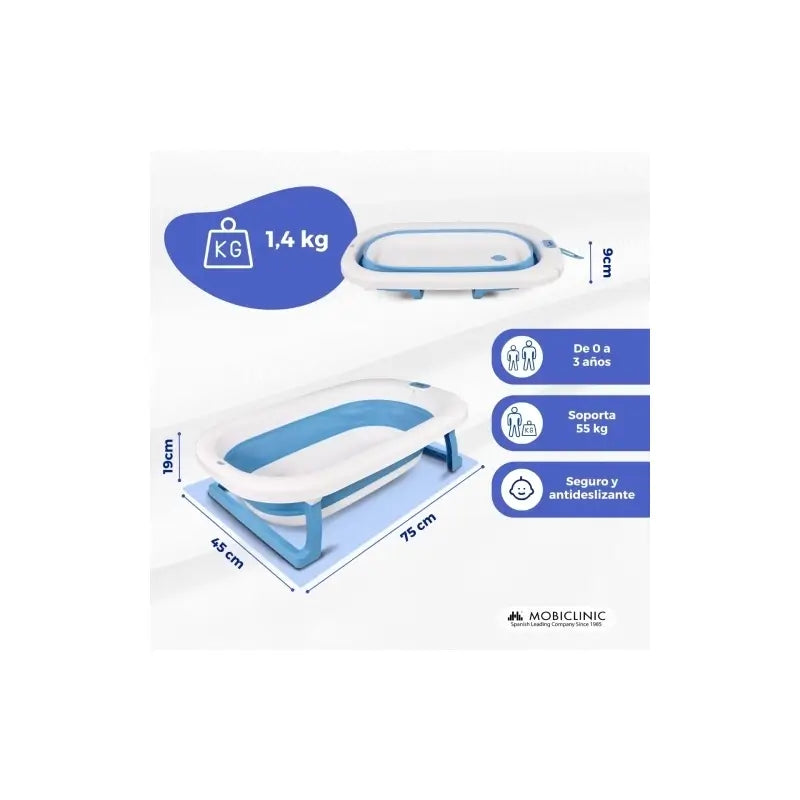 Mobiclinic Pack De Baño Para Bebés - Bañera Infantil - Plegable - Antideslizante - Azul - Termómetro De Baño - Sin Mercurio