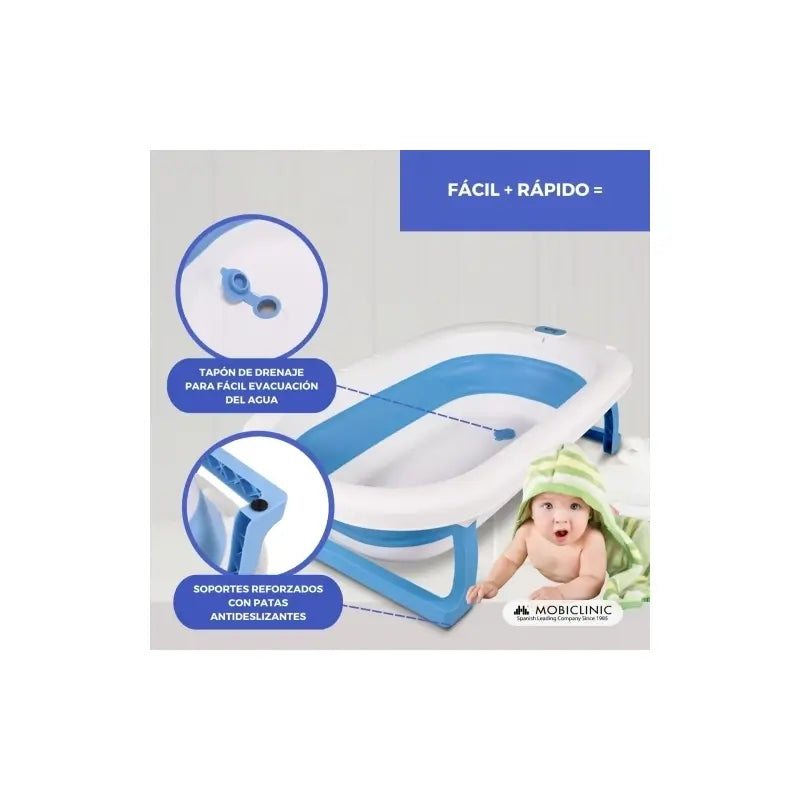 Mobiclinic Pack De Baño Para Bebés - Bañera Infantil - Plegable - Antideslizante - Azul - Termómetro De Baño - Sin Mercurio