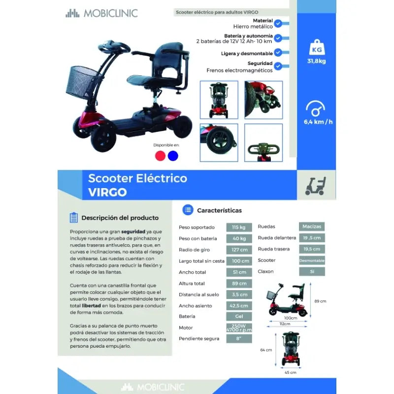 Mobiclinic Scooter Movilidad Reducida - Auton. 10 Km - 4 Ruedas - Compacto Y Desmontable - 12Ah - 250W - Virgo - Mobiclinic