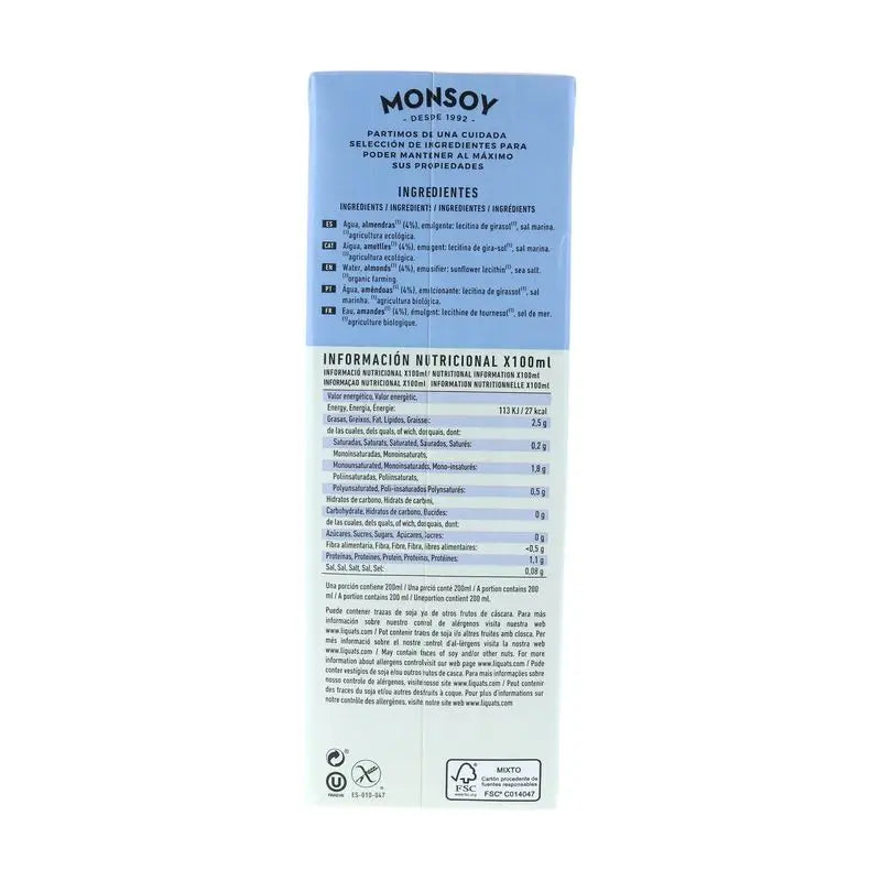 Monsoy Bebida Vegetal De Almendra 1Lt 6Uds. Bio