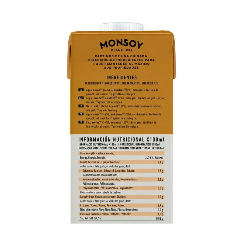 Monsoy Bebida Vegetal De Almendras Con Avena 1Lt 6Uds.Bio