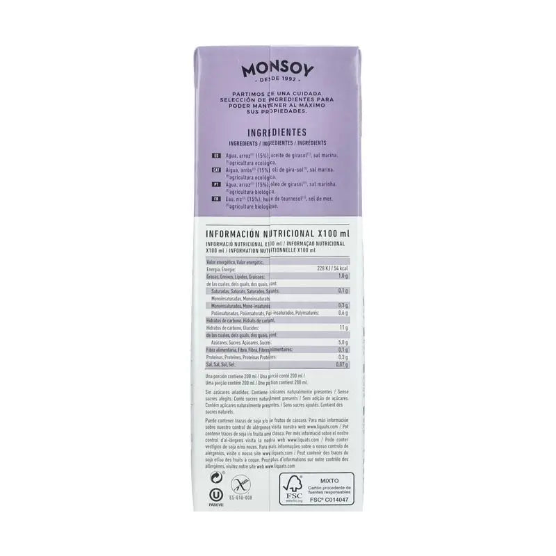 Monsoy Bebida Vegetal De Arroz 1Lt 6Uds. Bio