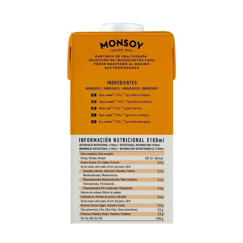 Monsoy Bebida Vegetal De Avena 1Lt 6Uds. Bio