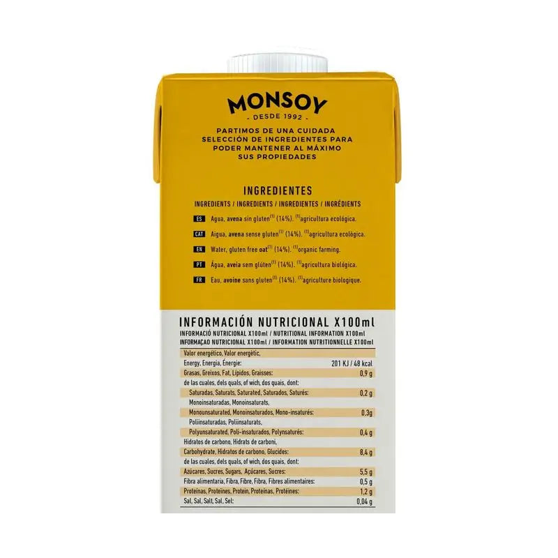 Monsoy Bebida Vegetal De Avena Sin Gluten 1Lt 6Uds. Bio