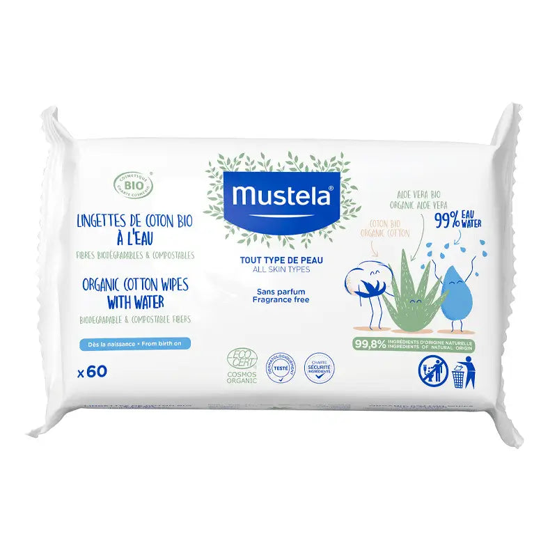 Mustela Toallitas Al Agua De Algodón BIO, 60 Unidades