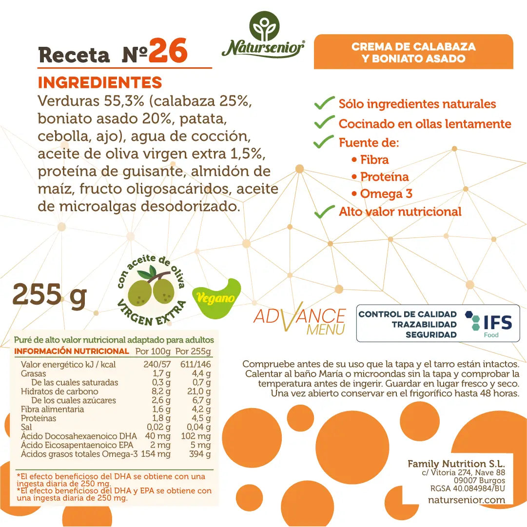 Natursenior Crema De Verduras Adultos Calabaza Y Boniato Asado Con Omega 3 Dha, Prebióticos Y Proteínas. , 255 gr